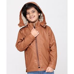 Pine Kids Medium Winter Wear Full Sleeves PU Leather Detachable Hooded Jacket - Brown