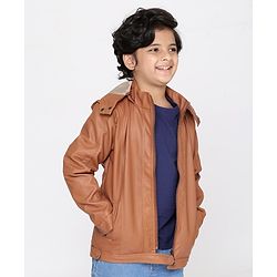 Pine Kids Medium Winter Wear Full Sleeves PU Leather Detachable Hooded Jacket - Brown