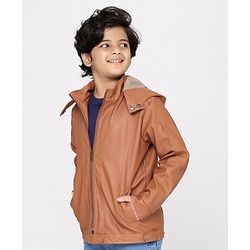 Pine Kids Medium Winter Wear Full Sleeves PU Leather Detachable Hooded Jacket - Brown