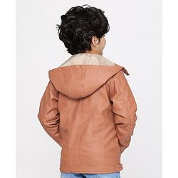 Pine Kids Medium Winter Wear Full Sleeves PU Leather Detachable Hooded Jacket - Brown