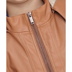 Pine Kids Medium Winter Wear Full Sleeves PU Leather Detachable Hooded Jacket - Brown