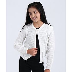 Pine Kids Full Sleeves Woollen Shrug with Front Button - Off White
