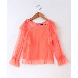 Pine Kids Full Sleeves Bio Wash Embroidered Top - Peach