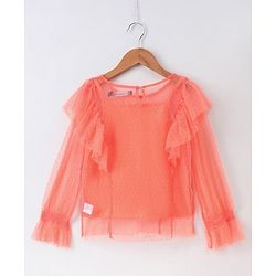 Pine Kids Full Sleeves Bio Wash Embroidered Top - Peach
