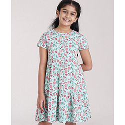 Pine Kids Short Sleeves Biowash Frock Floral Print - Sea Green
