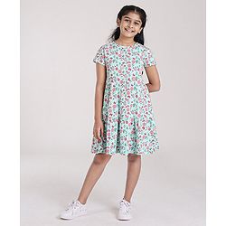 Pine Kids Short Sleeves Biowash Frock Floral Print - Sea Green