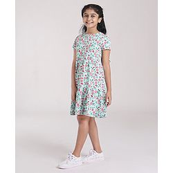 Pine Kids Short Sleeves Biowash Frock Floral Print - Sea Green