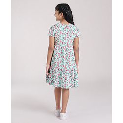 Pine Kids Short Sleeves Biowash Frock Floral Print - Sea Green