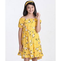 Pine Kids Half Sleeves Frock with Hair Band - Yellow