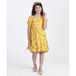 Pine Kids Half Sleeves Frock with Hair Band - Yellow