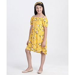Pine Kids Half Sleeves Frock with Hair Band - Yellow