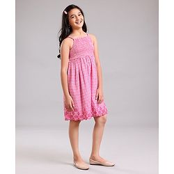 Pine Kids Sleeveless Emb Work Checked Frock - Pink