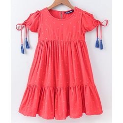 Pine Kids Short Sleeves Biowashed Frock Dots Print - Red