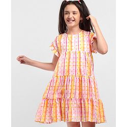 Pine Kids All Over Embroidered Frill Sleeves Frock - Multicolour