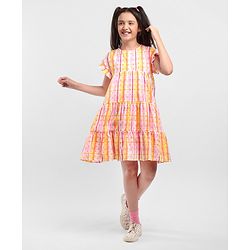 Pine Kids All Over Embroidered Frill Sleeves Frock - Multicolour