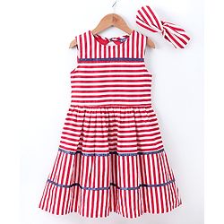 Pine Kids Sleeveless Stripe Biowash Frock With Headband - Red White