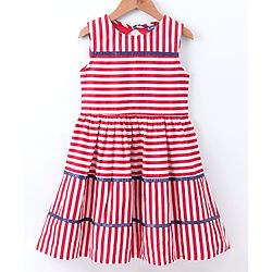 Pine Kids Sleeveless Stripe Biowash Frock With Headband - Red White