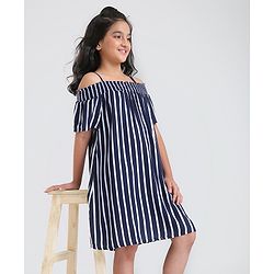 Pine Kids Cold Shoulder Sleeves Striped Rayon Fashion Dress - Navy