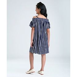 Pine Kids Cold Shoulder Sleeves Striped Rayon Fashion Dress - Navy