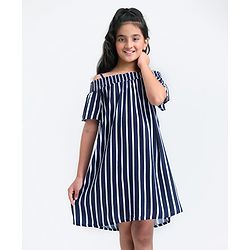 Pine Kids Cold Shoulder Sleeves Striped Rayon Fashion Dress - Navy