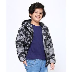 Pine Kids Fulll Sleeves Camouflage Hooded Padded Jacket - Black Grey