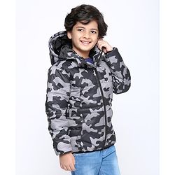 Pine Kids Fulll Sleeves Camouflage Hooded Padded Jacket - Black Grey
