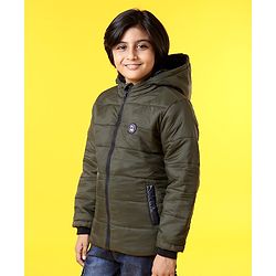 Pine Kids Full Sleeves Hooded Padded Jacket - Olive Green