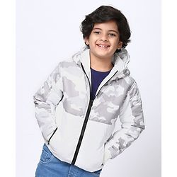 Pine Kids Medium Winter Full Sleeves Camouflage Hooded Padded Jacket - White Grey