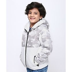 Pine Kids Medium Winter Full Sleeves Camouflage Hooded Padded Jacket - White Grey