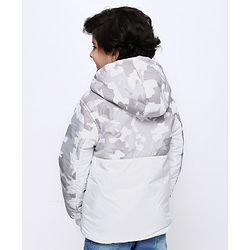 Pine Kids Medium Winter Full Sleeves Camouflage Hooded Padded Jacket - White Grey