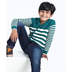 Pine Kids Full Sleeves Front Open Striped Sweater - Green