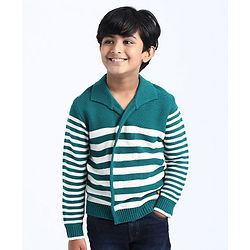 Pine Kids Full Sleeves Front Open Striped Sweater - Green