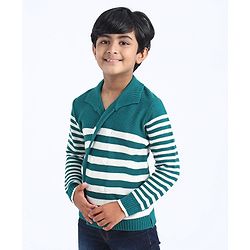 Pine Kids Full Sleeves Front Open Striped Sweater - Green
