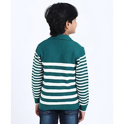 Pine Kids Full Sleeves Front Open Striped Sweater - Green