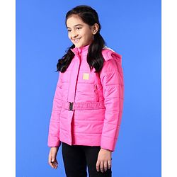 Pine Kids Medium Winter Full Sleeve Hooded Padded Jacket with Belt - Pink