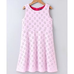 Pine Kids Sleeveless Schiffli Embroidered Frock With Contrast Lining - Pink
