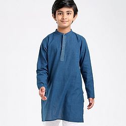 Pine Kids Full Sleeves Kurta With Embroidered Placket - Blue