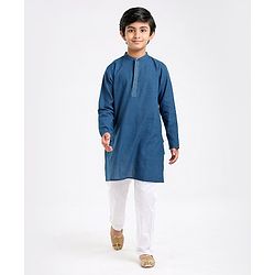 Pine Kids Full Sleeves Kurta With Embroidered Placket - Blue