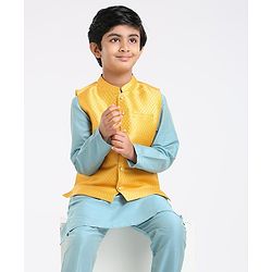 Pine Kids Full Sleeves Kurta Pajama & Waistcoat - Blue Yellow