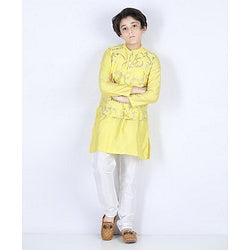 Pine Kids Full Sleeves Solid Kurta With Embroidered Nehru Jacket & Pyjama - Yellow