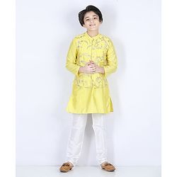 Pine Kids Full Sleeves Solid Kurta With Embroidered Nehru Jacket & Pyjama - Yellow