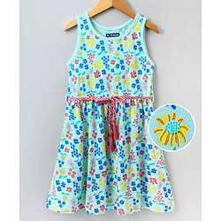 Pine Kids Sleeveless Biowash Frock Floral Print - Sea Green
