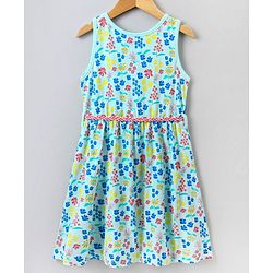 Pine Kids Sleeveless Biowash Frock Floral Print - Sea Green