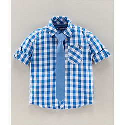 Pine Kids Full Sleeves Check Shirt With Tie  - Blue