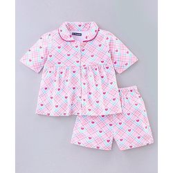 Pine Kids Half Sleeves Biowashed Night Suit Heart Print - Pink