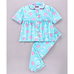 Pine Kids Half Sleeve Biowashed Top and Capri Pants Set Hot Air Balloon & Clouds Print - Blue