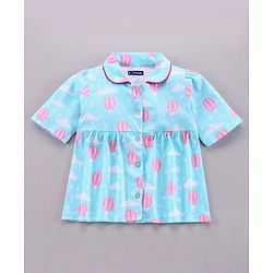 Pine Kids Half Sleeve Biowashed Top and Capri Pants Set Hot Air Balloon & Clouds Print - Blue