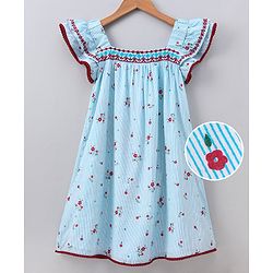 Pine Kids Flutter Sleeves Softner Wash Stripe Frock Floral Print - Blue White