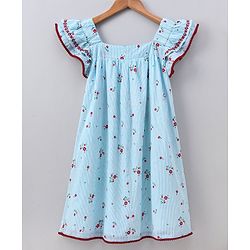 Pine Kids Flutter Sleeves Softner Wash Stripe Frock Floral Print - Blue White