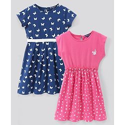 Pine Kids Bio Wash Short Sleeves Frocks Pack of 2 - Pink Navy Blue